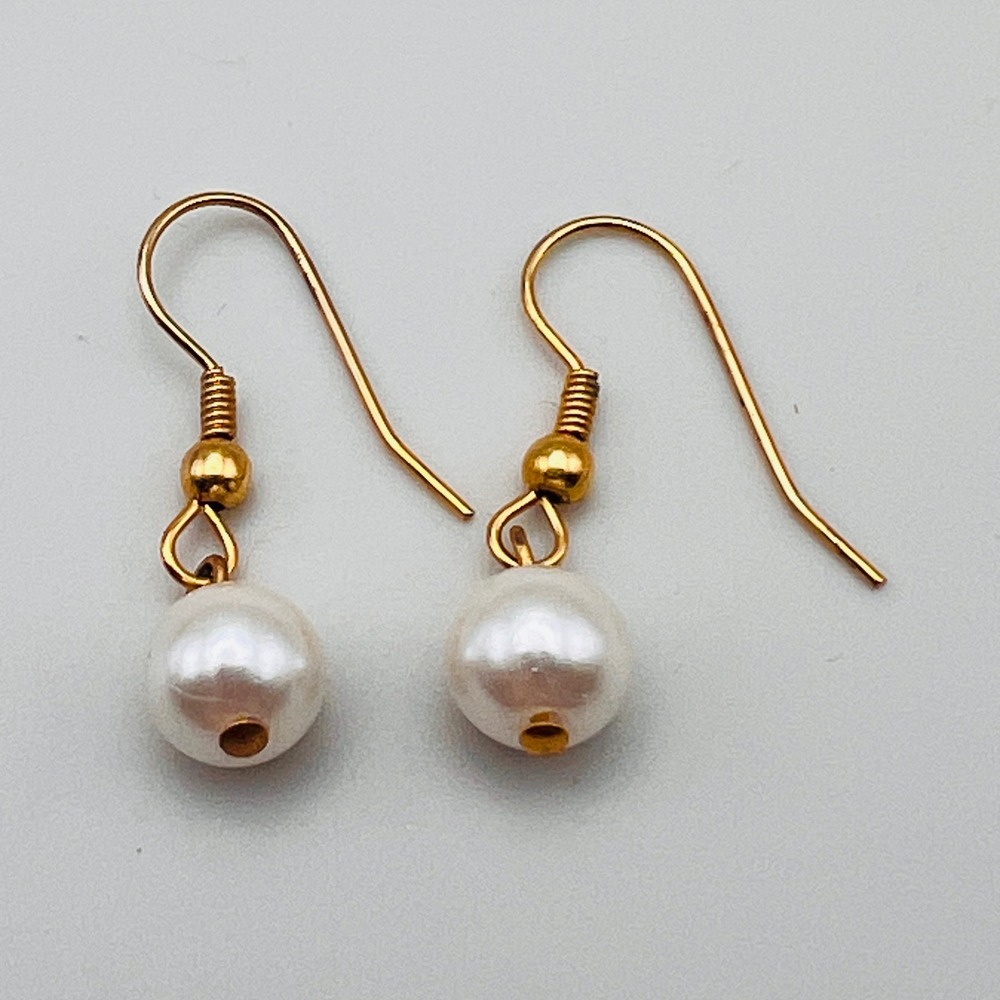 Faux Pearl Drop Earrings French Hook Minimalist Dangle Pierced Gold Tone Classic